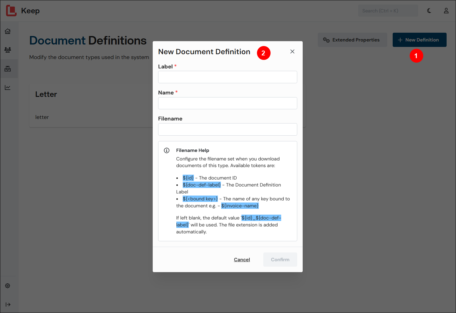 A number annotated screenshot of the Document Definitions page with the New Document Definition window open.